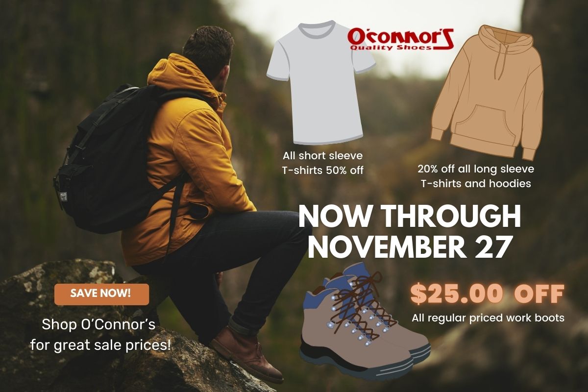 oconnors sale t-shirts, hoodies and work boots